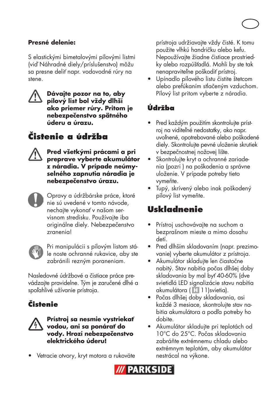 Čistenie a údržba, Uskladnenie | Parkside PSSA 18 A1 User Manual | Page 107 / 140