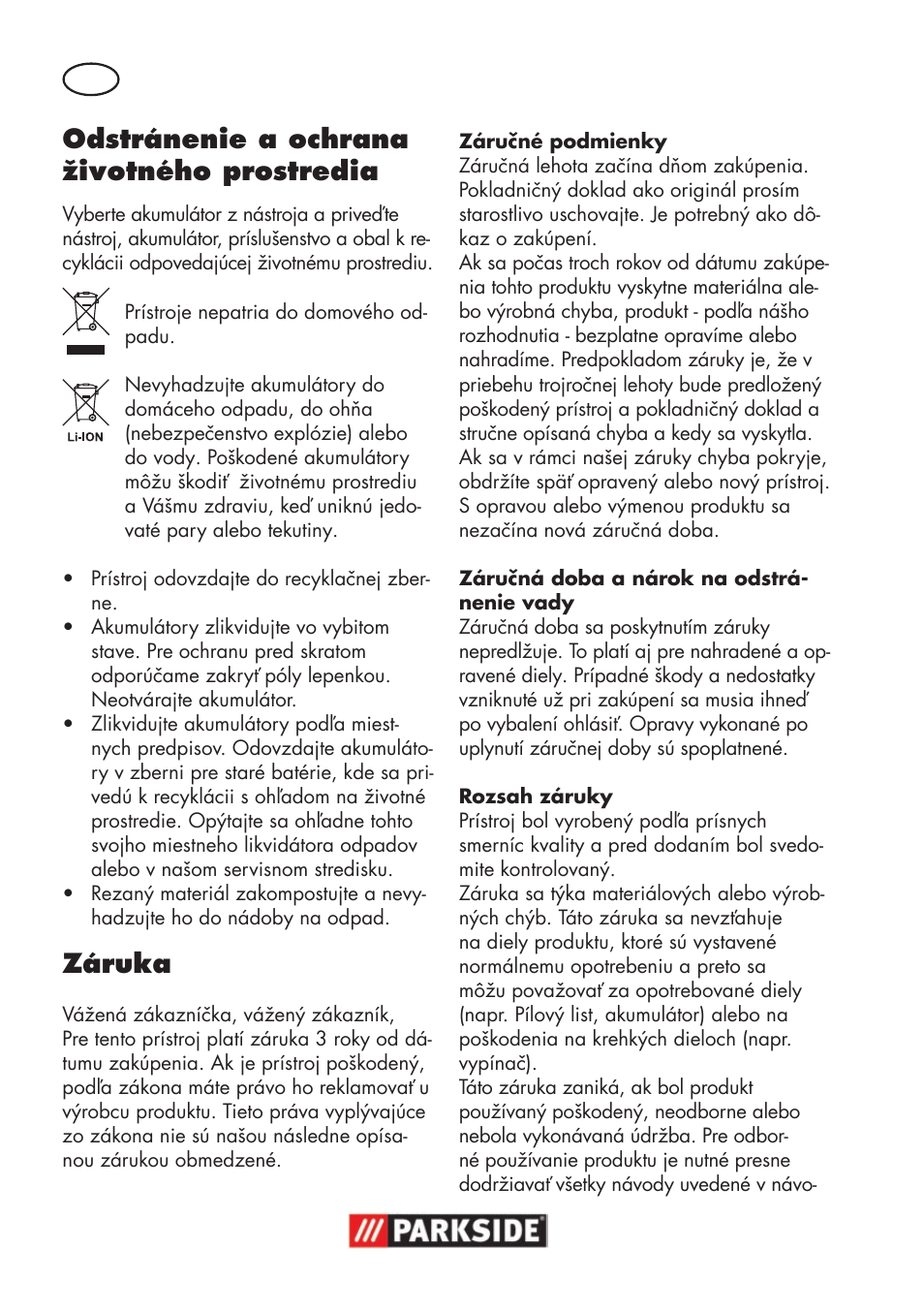 Odstránenie a ochrana životného prostredia, Záruka | Parkside PSSA 18 A1 User Manual | Page 108 / 140