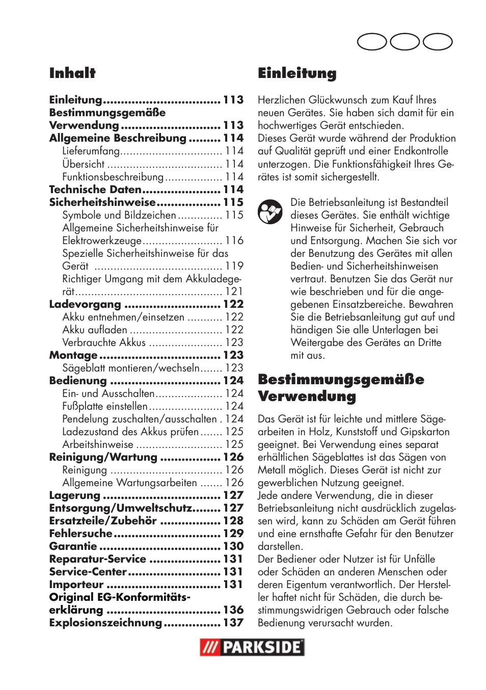 Inhalt, Einleitung, Bestimmungsgemäße verwendung | De at ch | Parkside PSSA 18 A1 User Manual | Page 113 / 140