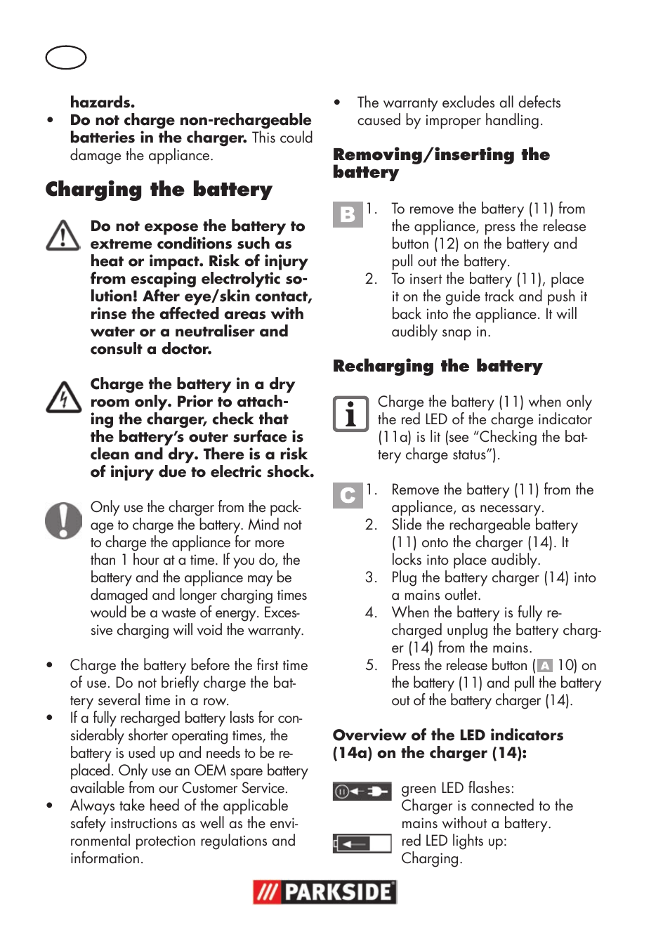 Charging the battery | Parkside PSSA 18 A1 User Manual | Page 12 / 140