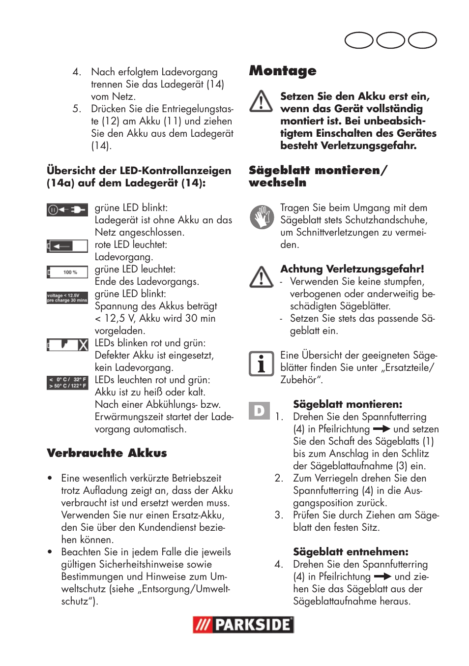 Montage, De at ch | Parkside PSSA 18 A1 User Manual | Page 123 / 140