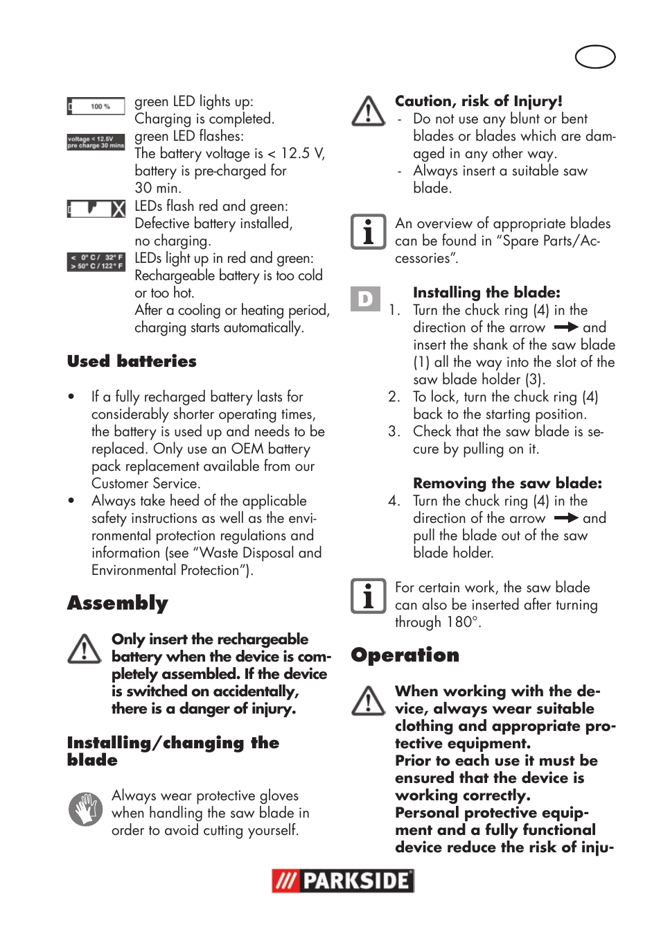 Assembly, Operation | Parkside PSSA 18 A1 User Manual | Page 13 / 140