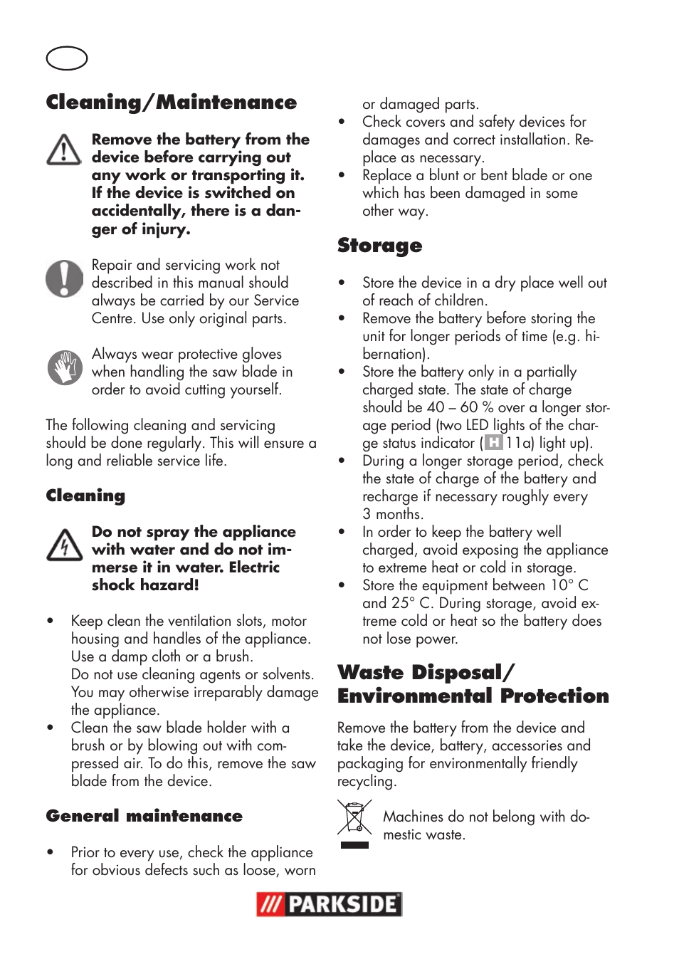 Cleaning/maintenance, Storage, Waste disposal/ environmental protection | Parkside PSSA 18 A1 User Manual | Page 16 / 140