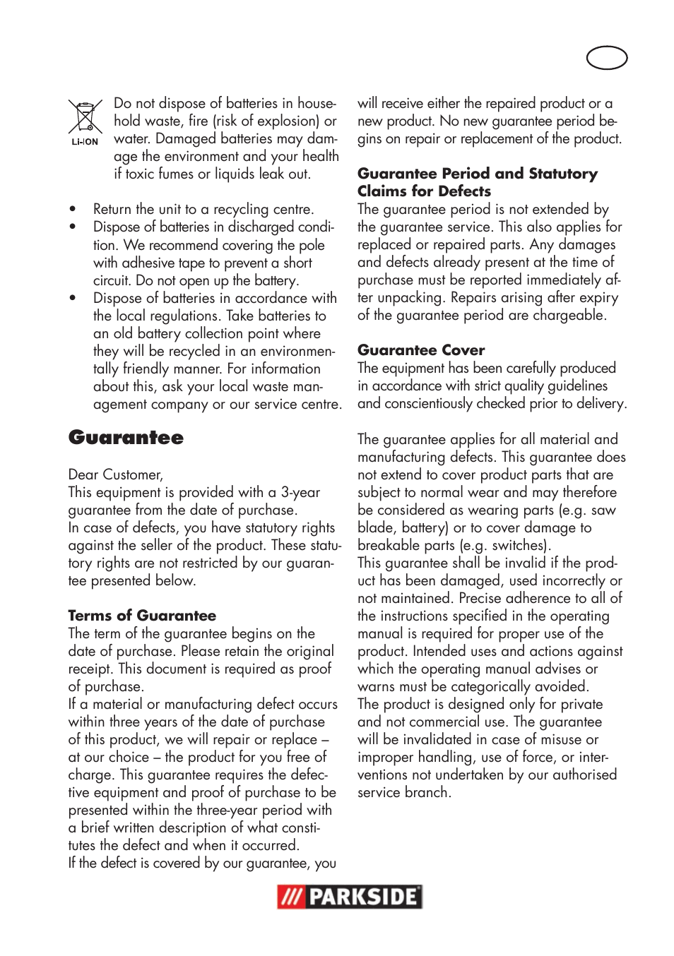 Guarantee | Parkside PSSA 18 A1 User Manual | Page 17 / 140