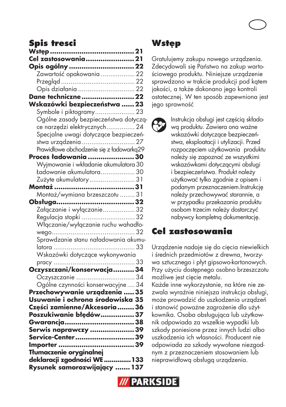 Spis tresci, Wstęp, Cel zastosowania | Parkside PSSA 18 A1 User Manual | Page 21 / 140