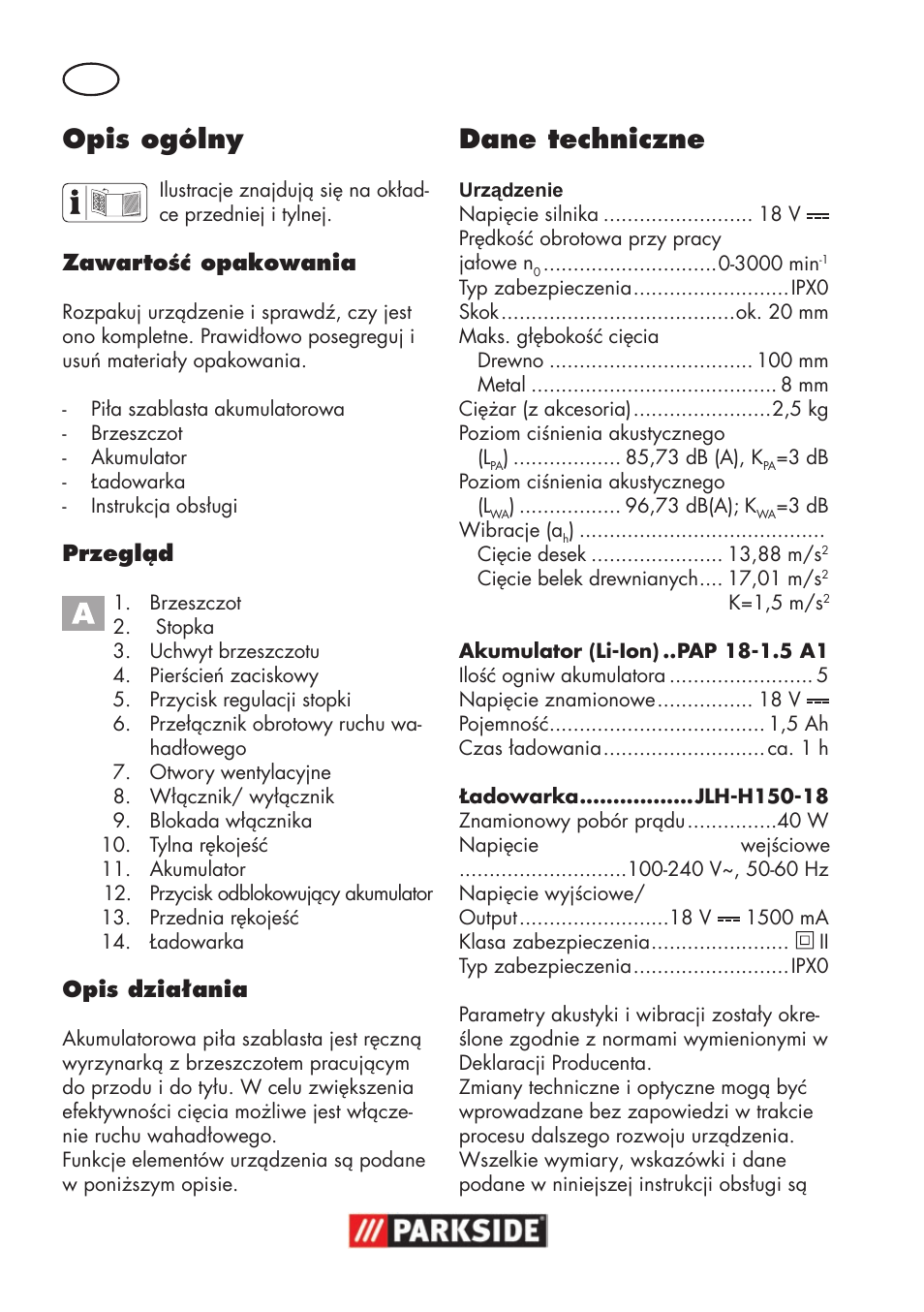 Opis ogólny, Dane techniczne | Parkside PSSA 18 A1 User Manual | Page 22 / 140