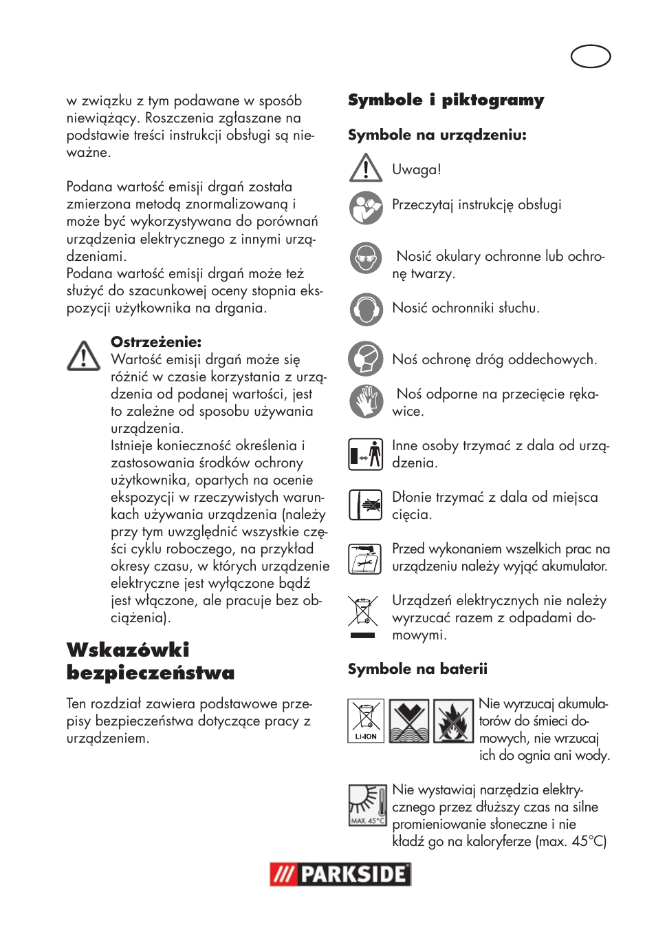 Wskazówki bezpieczeństwa | Parkside PSSA 18 A1 User Manual | Page 23 / 140