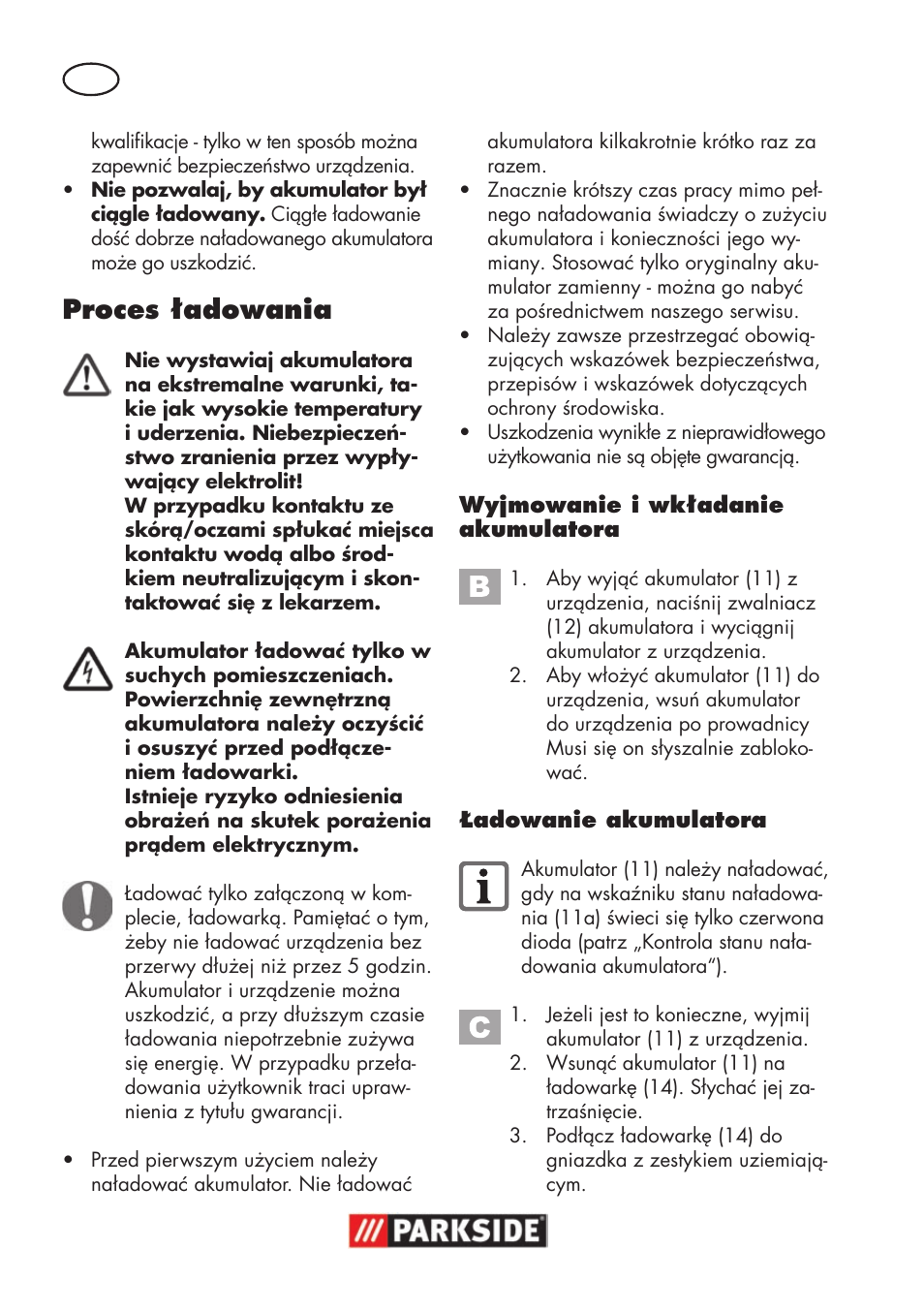 Proces ładowania | Parkside PSSA 18 A1 User Manual | Page 30 / 140