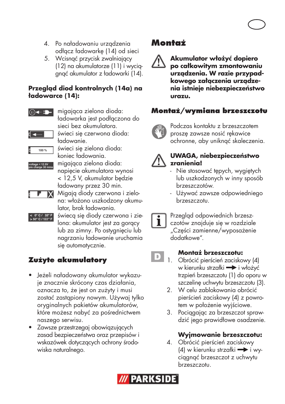 Montaż | Parkside PSSA 18 A1 User Manual | Page 31 / 140