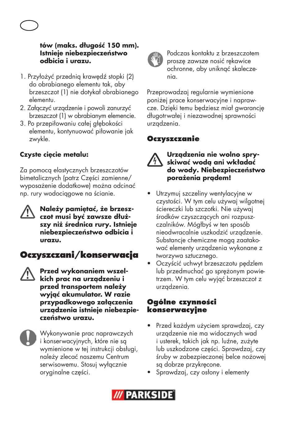 Oczyszczani/konserwacja | Parkside PSSA 18 A1 User Manual | Page 34 / 140