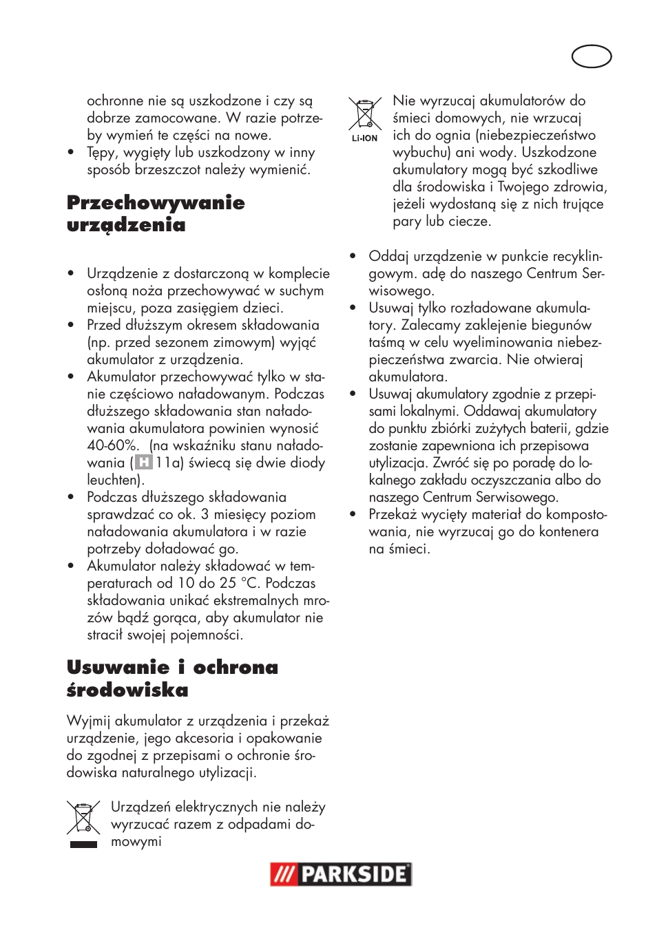 Przechowywanie urządzenia, Usuwanie i ochrona środowiska | Parkside PSSA 18 A1 User Manual | Page 35 / 140