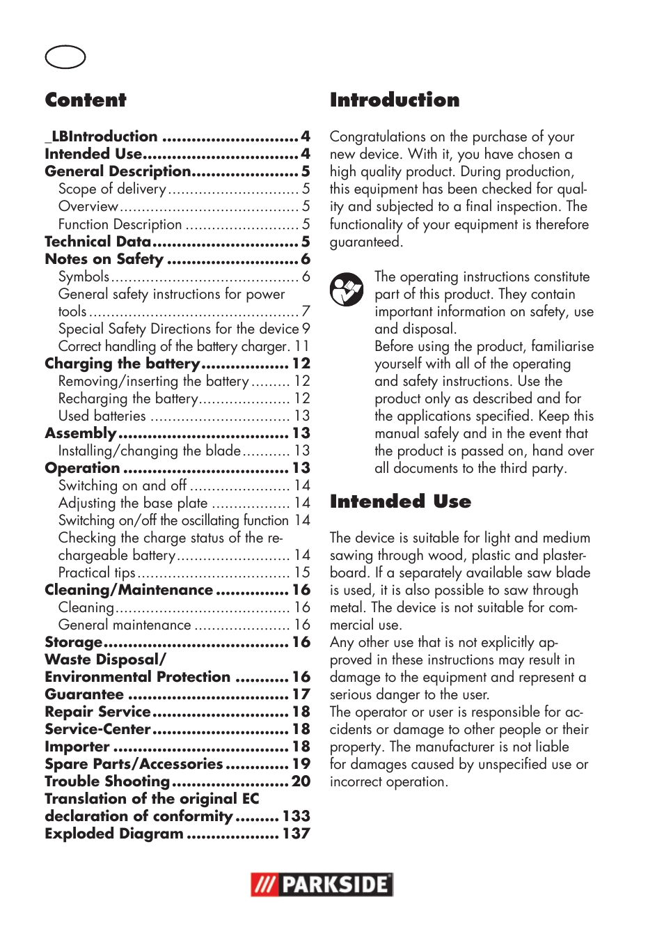 Content, Introduction, Intended use | Parkside PSSA 18 A1 User Manual | Page 4 / 140