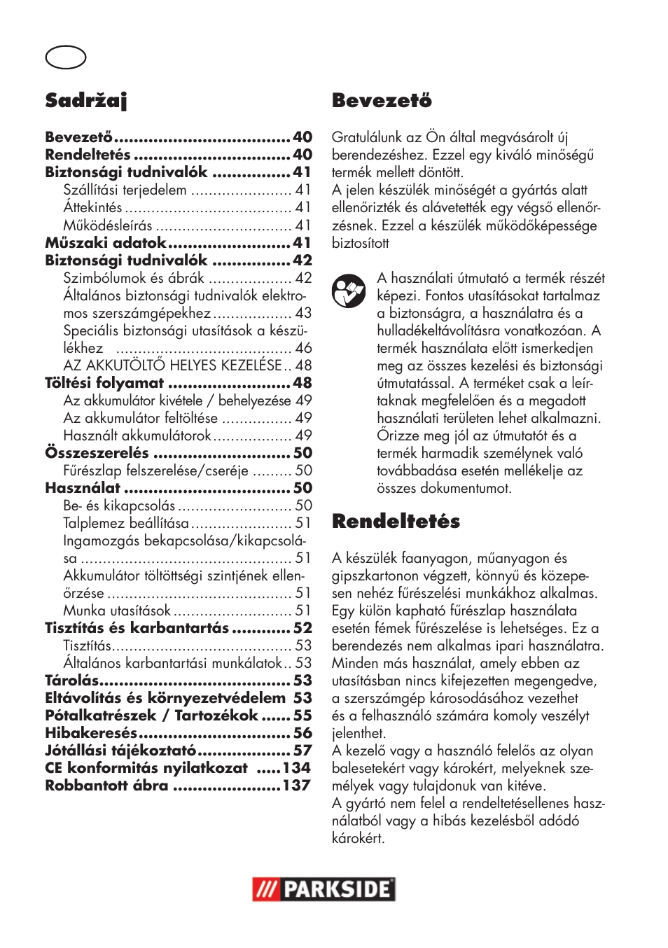 Sadržaj, Bevezető, Rendeltetés | Parkside PSSA 18 A1 User Manual | Page 40 / 140