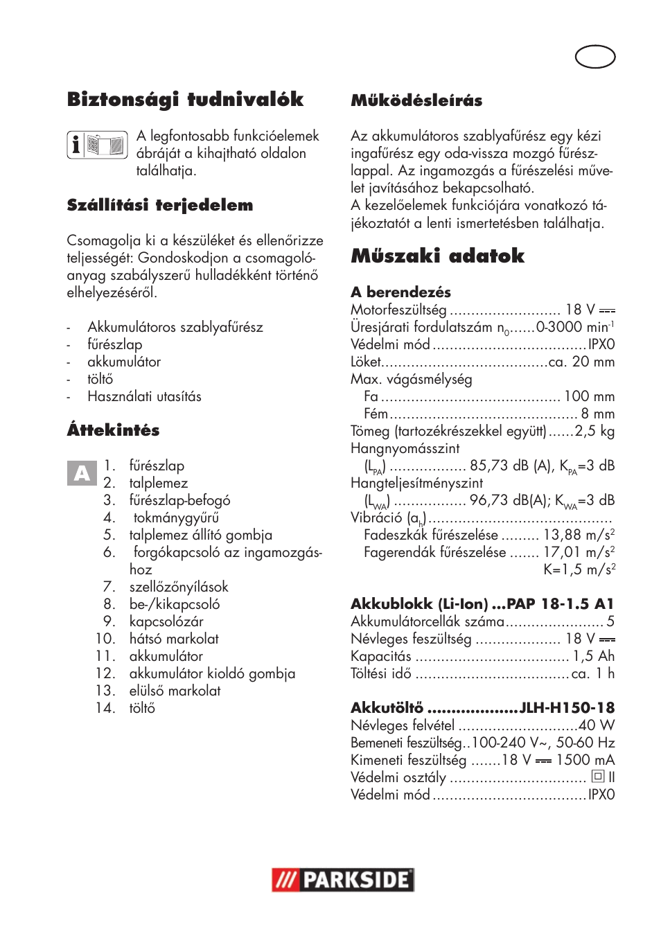 Biztonsági tudnivalók, Műszaki adatok | Parkside PSSA 18 A1 User Manual | Page 41 / 140