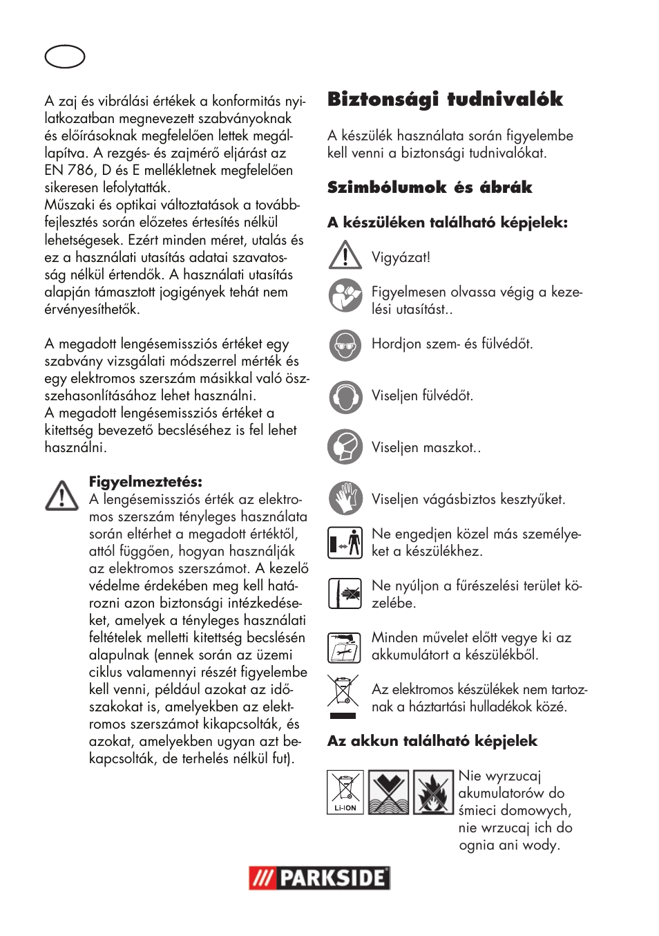 Biztonsági tudnivalók | Parkside PSSA 18 A1 User Manual | Page 42 / 140