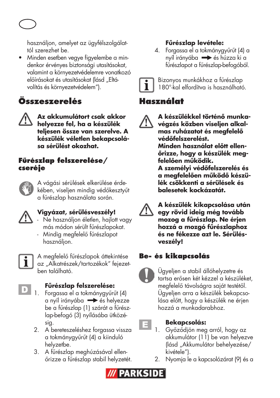 Összeszerelés, Használat | Parkside PSSA 18 A1 User Manual | Page 50 / 140