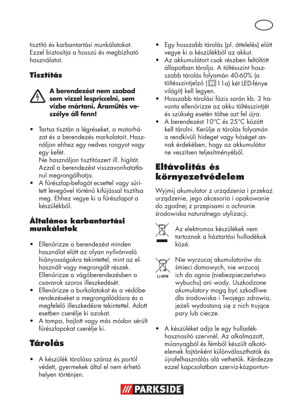 Tárolás, Eltávolítás és környezetvédelem | Parkside PSSA 18 A1 User Manual | Page 53 / 140