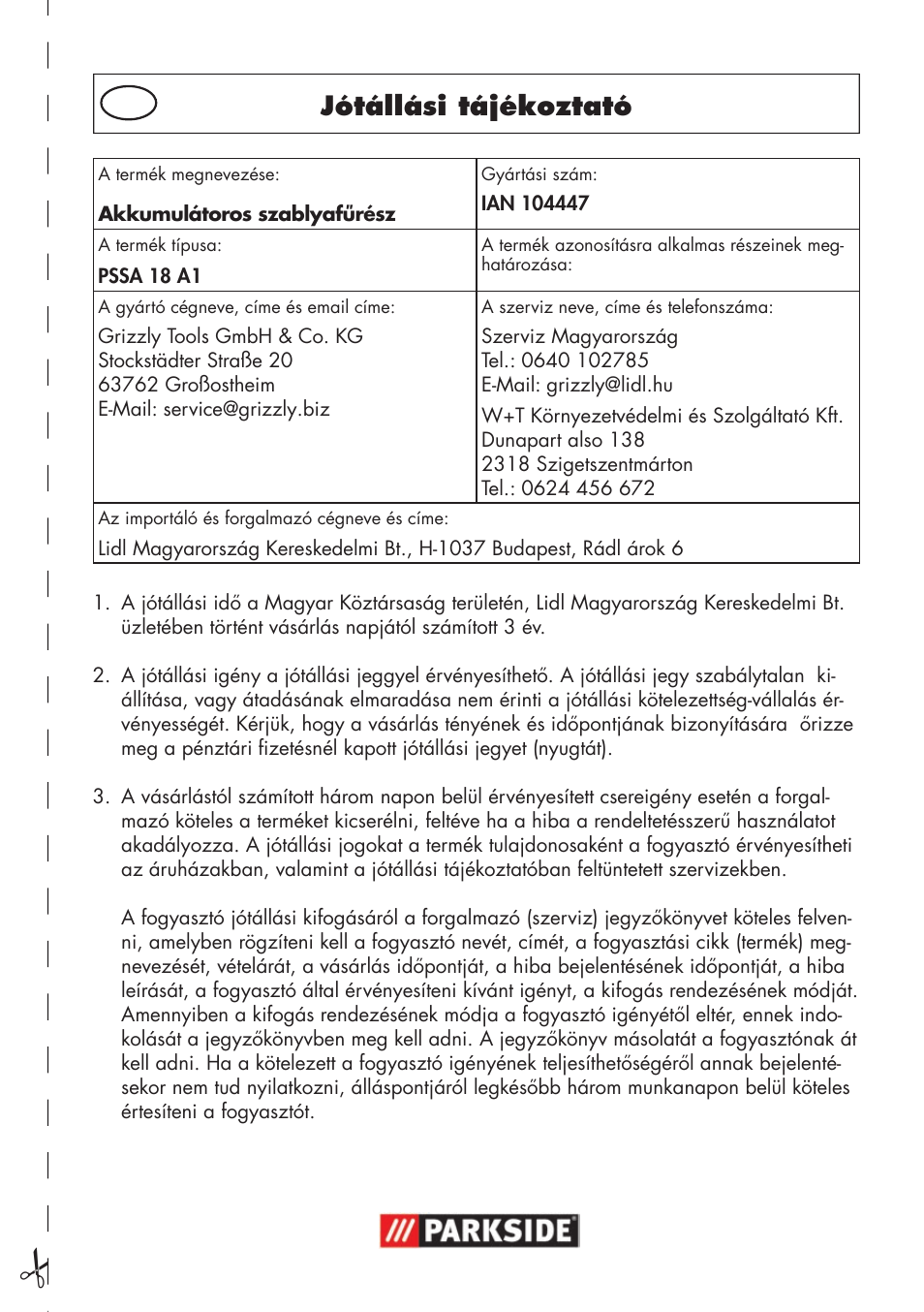 Jótállási tájékoztató | Parkside PSSA 18 A1 User Manual | Page 57 / 140