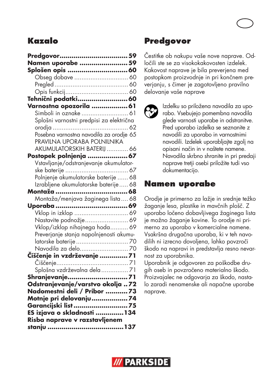Kazalo, Predgovor, Namen uporabe | Parkside PSSA 18 A1 User Manual | Page 59 / 140