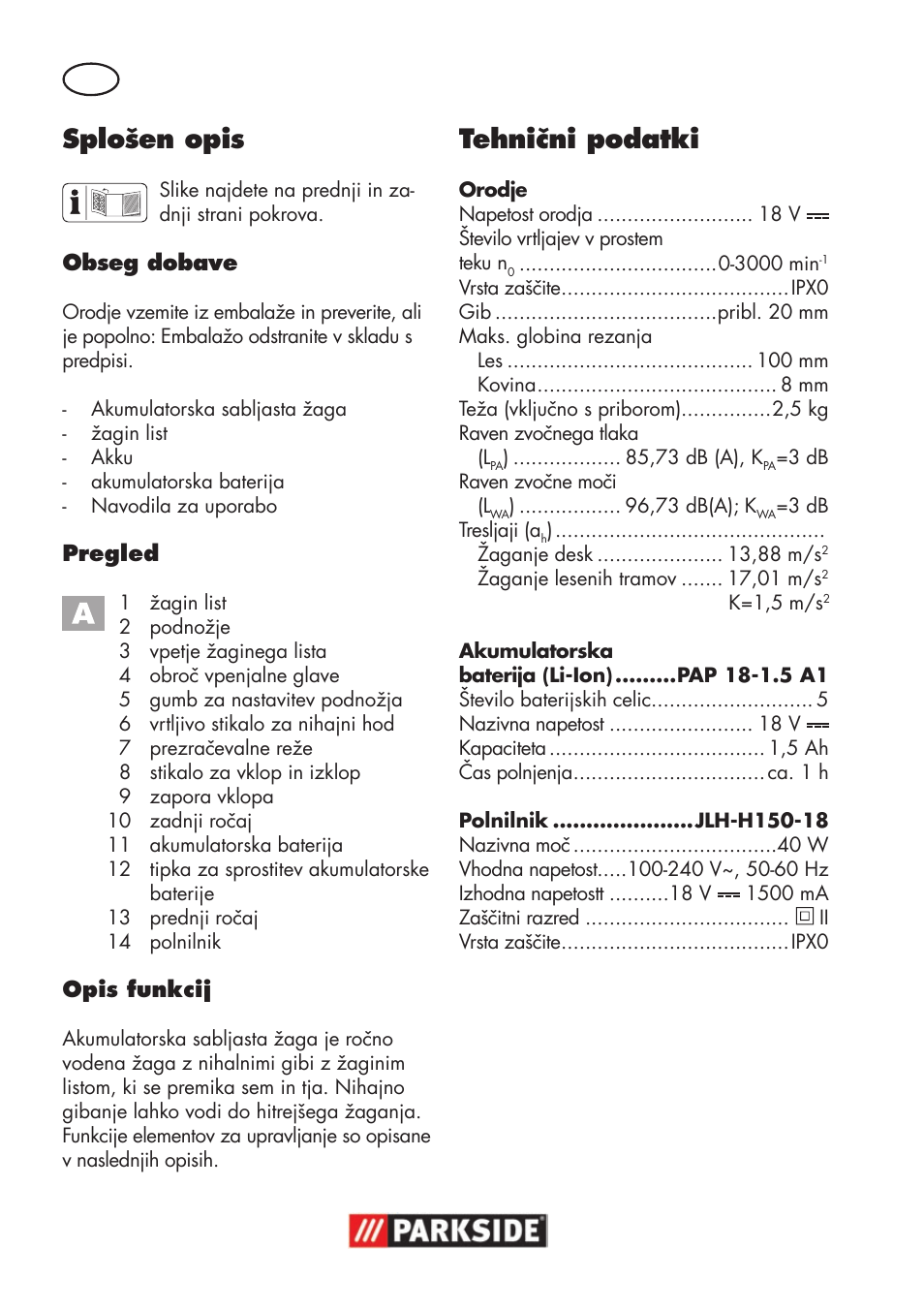 Splošen opis, Tehnični podatki | Parkside PSSA 18 A1 User Manual | Page 60 / 140