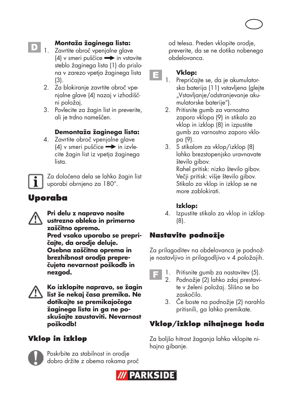 Uporaba | Parkside PSSA 18 A1 User Manual | Page 69 / 140