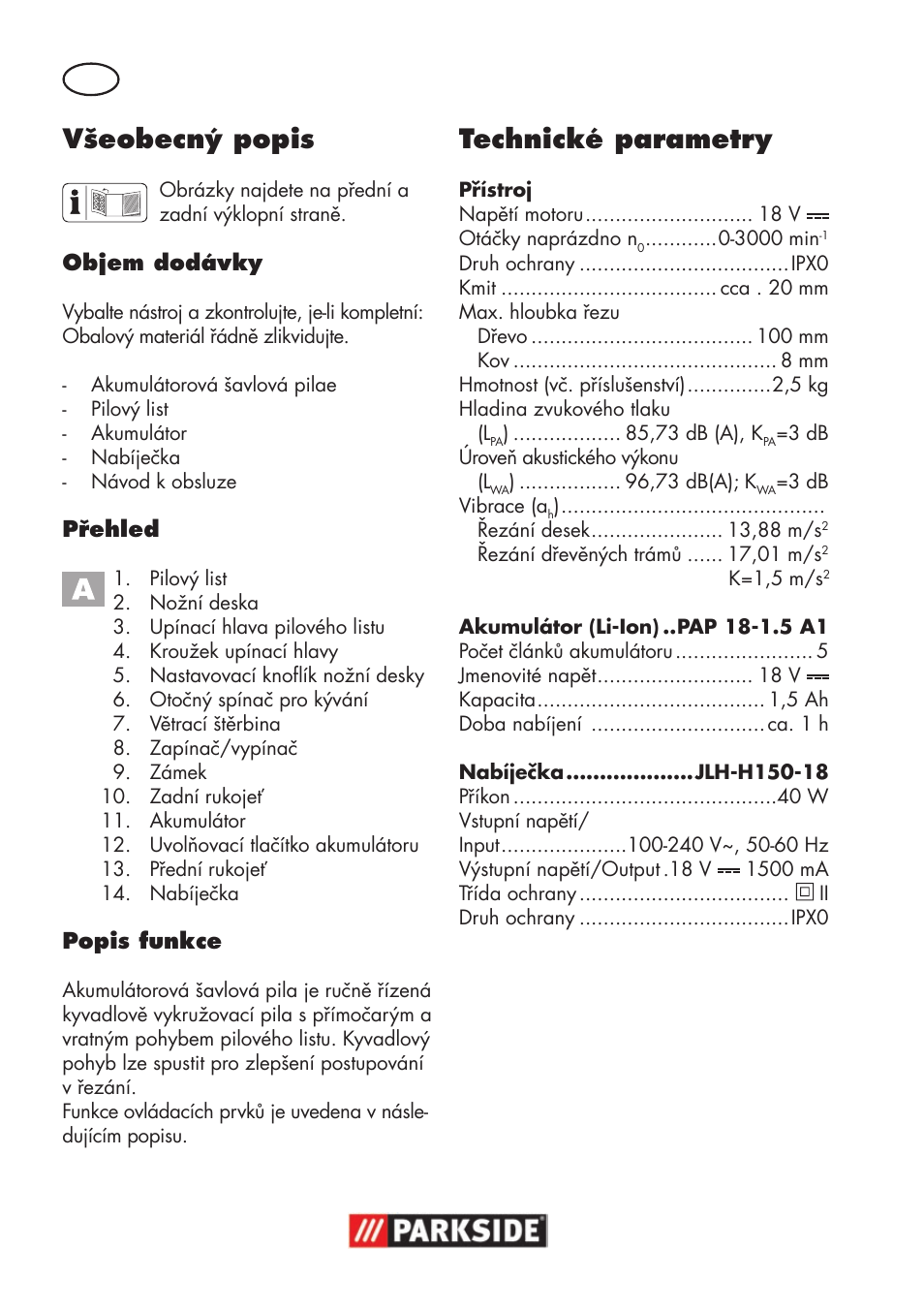 Všeobecný popis, Technické parametry | Parkside PSSA 18 A1 User Manual | Page 78 / 140