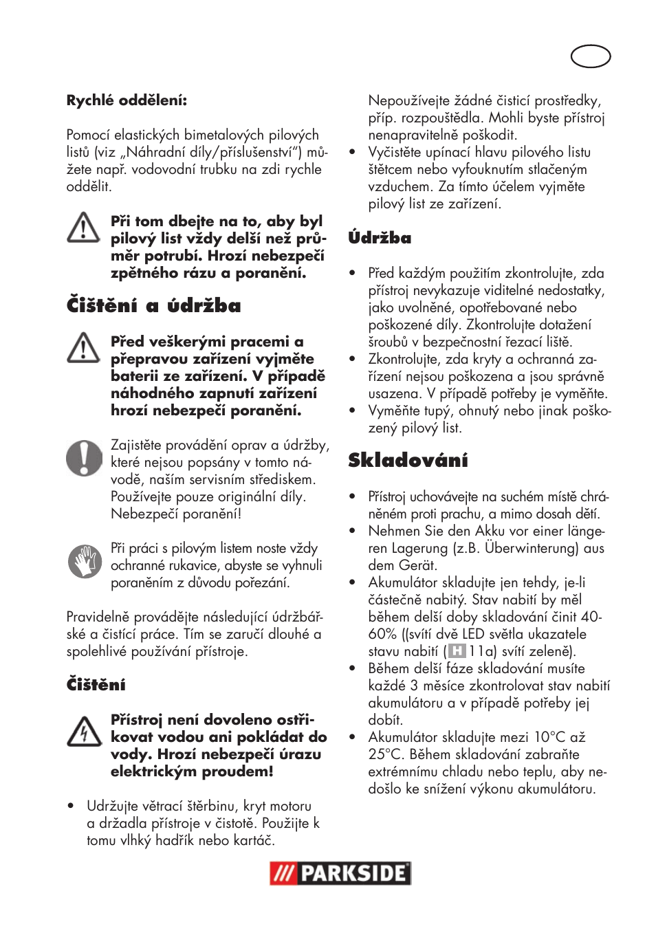 Čištění a údržba, Skladování | Parkside PSSA 18 A1 User Manual | Page 89 / 140