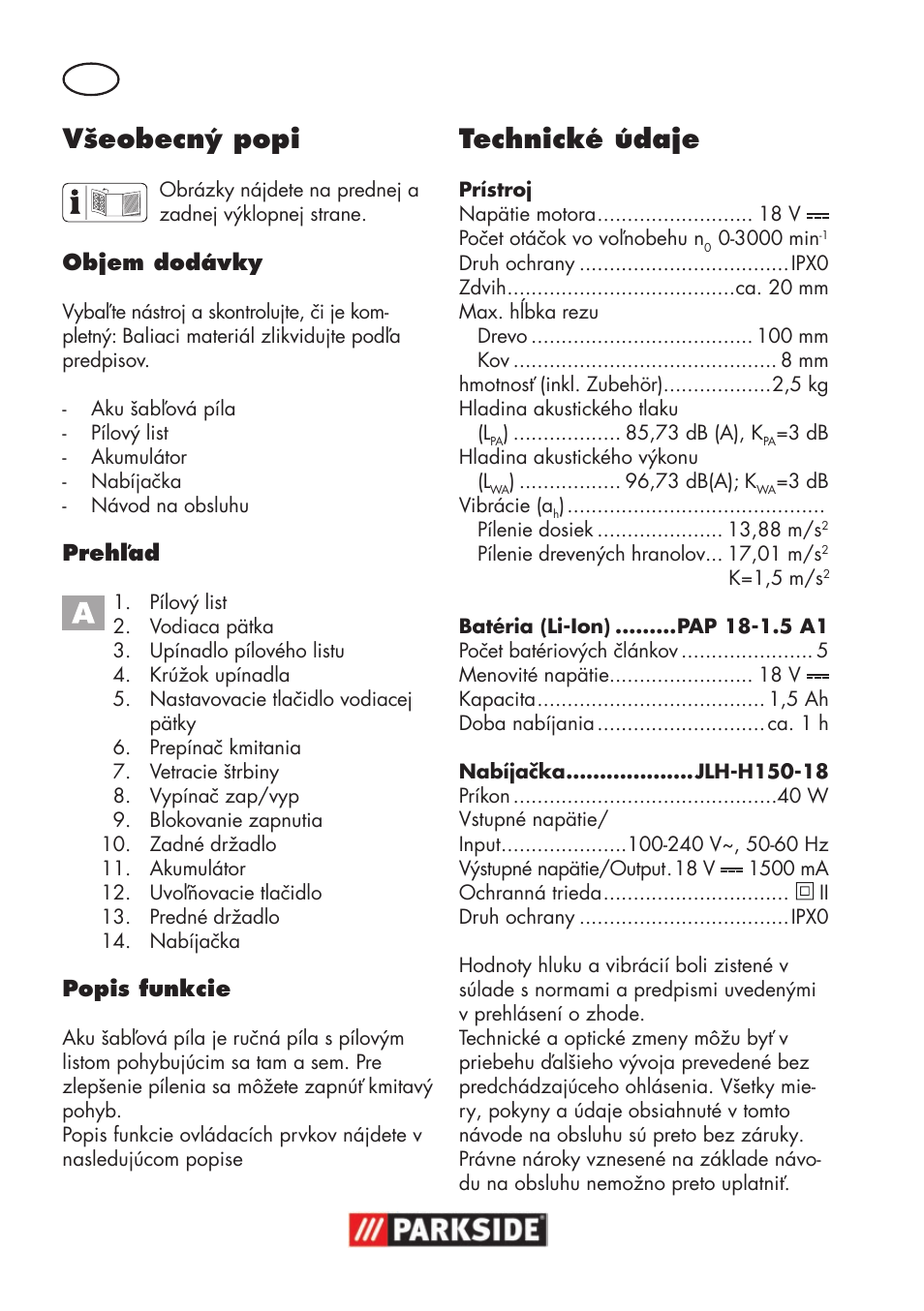 Všeobecný popi, Technické údaje | Parkside PSSA 18 A1 User Manual | Page 96 / 140