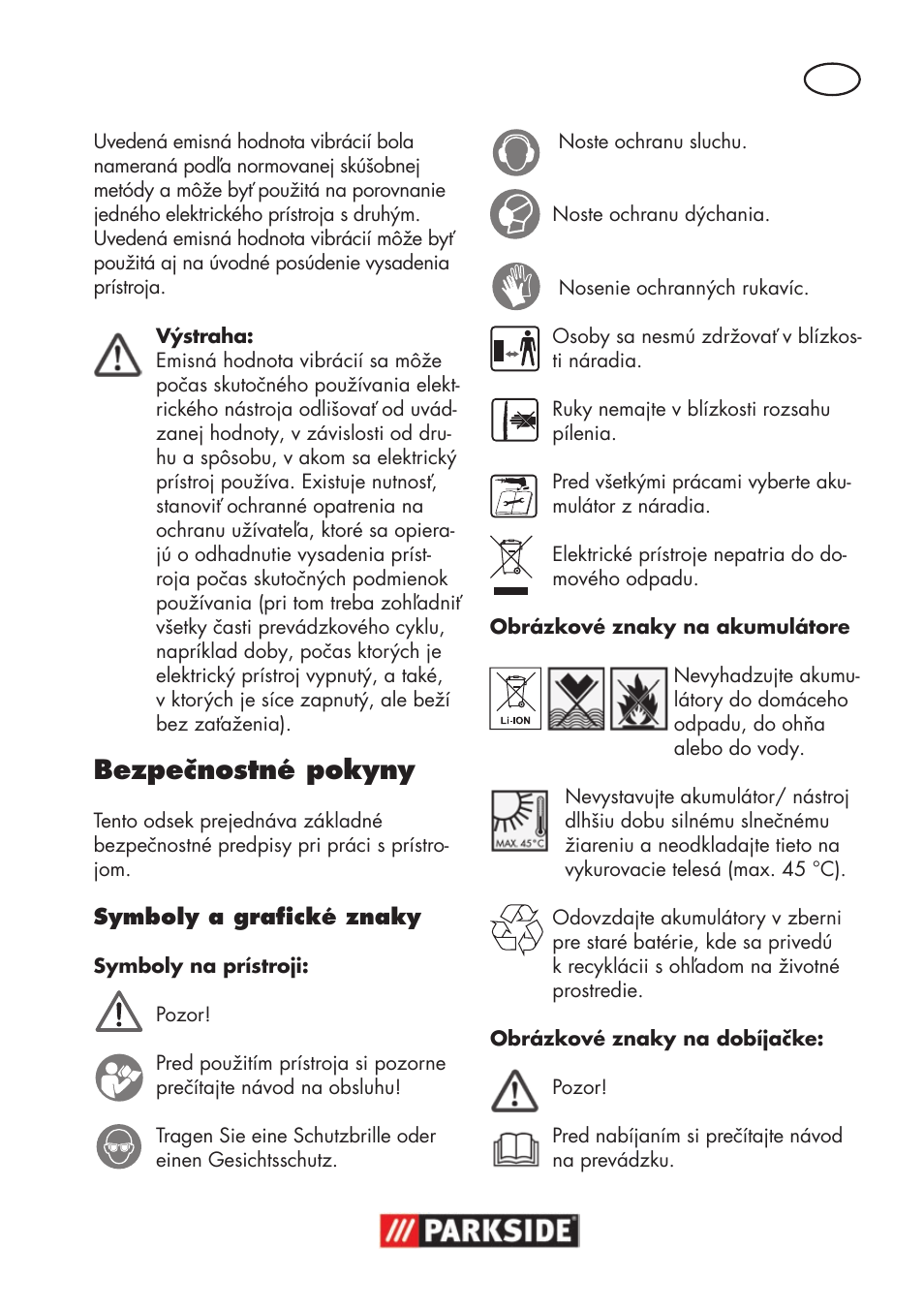 Bezpečnostné pokyny | Parkside PSSA 18 A1 User Manual | Page 97 / 140