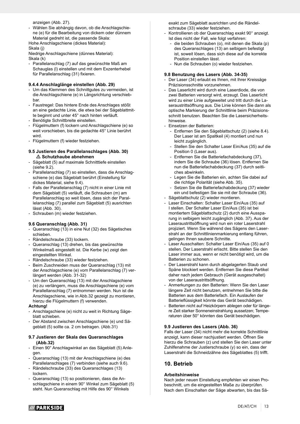 Betrieb | Parkside PTK 2000 A1 User Manual | Page 18 / 64