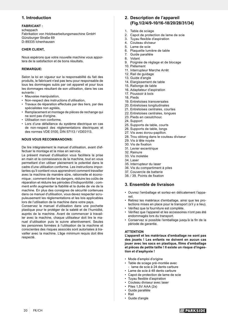 Introduction, Ensemble de livraison | Parkside PTK 2000 A1 User Manual | Page 25 / 64