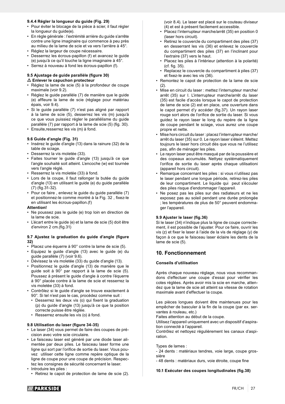 Fonctionnement | Parkside PTK 2000 A1 User Manual | Page 32 / 64