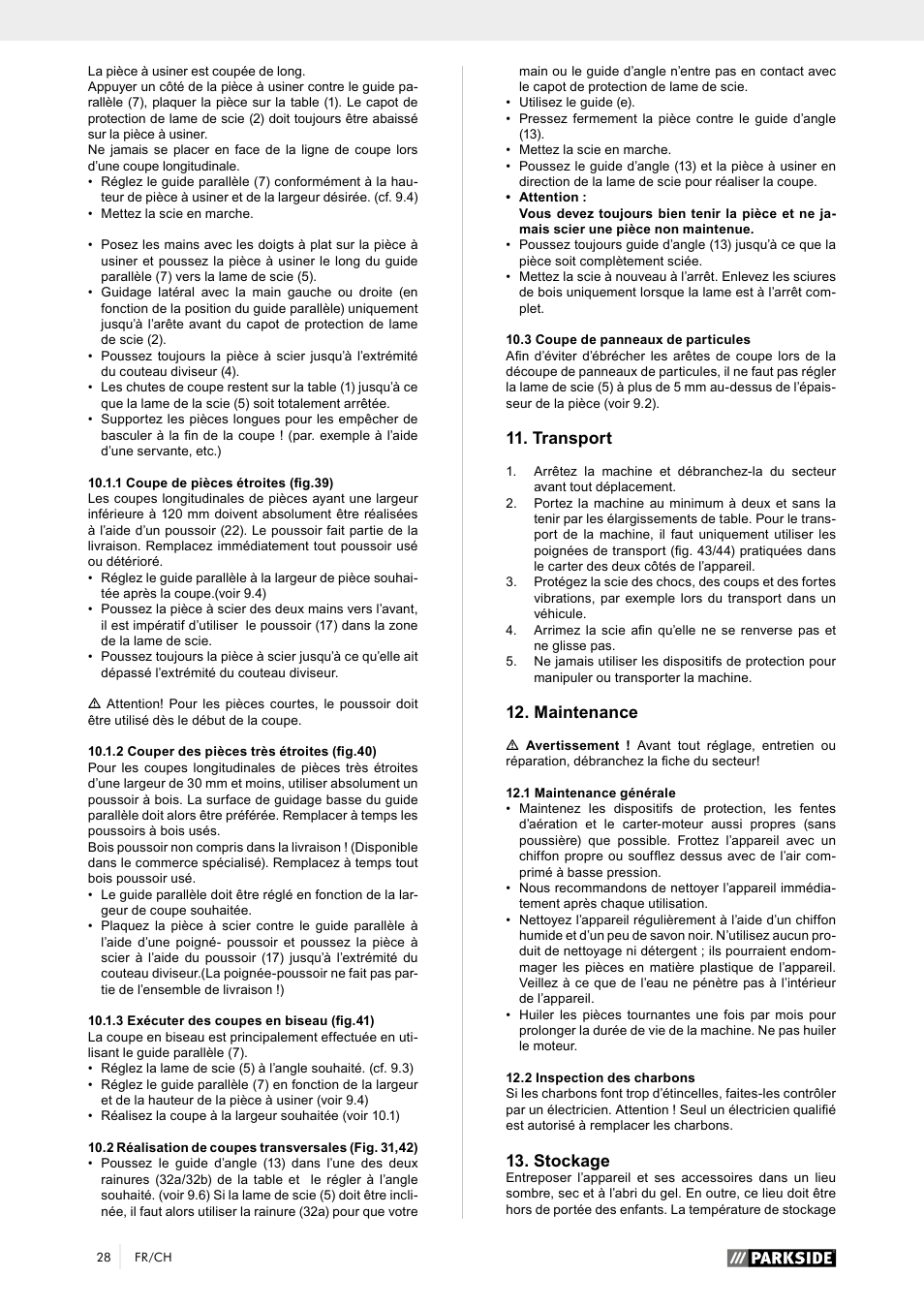 Transport, Maintenance, Stockage | Parkside PTK 2000 A1 User Manual | Page 33 / 64