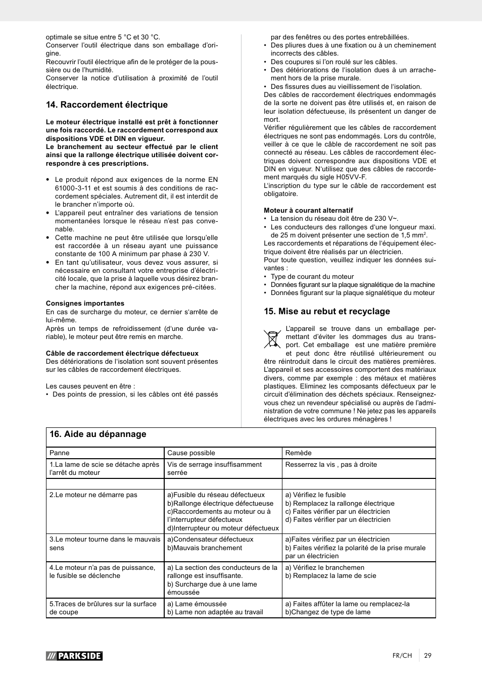 Raccordement électrique, Mise au rebut et recyclage, Aide au dépannage | Parkside PTK 2000 A1 User Manual | Page 34 / 64