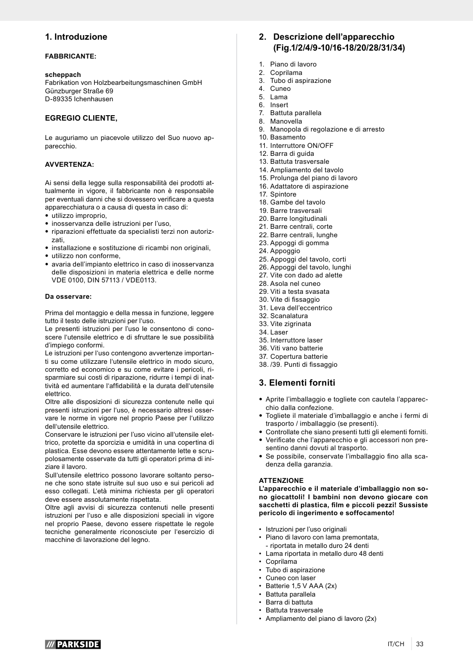 Introduzione, Elementi forniti | Parkside PTK 2000 A1 User Manual | Page 38 / 64