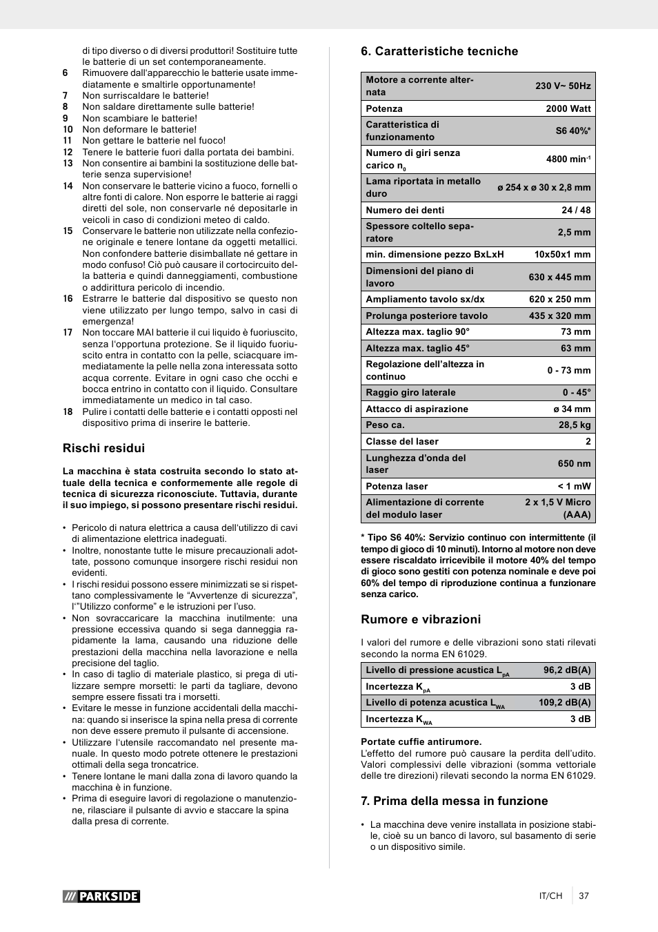 Rischi residui, Caratteristiche tecniche, Rumore e vibrazioni | Prima della messa in funzione | Parkside PTK 2000 A1 User Manual | Page 42 / 64