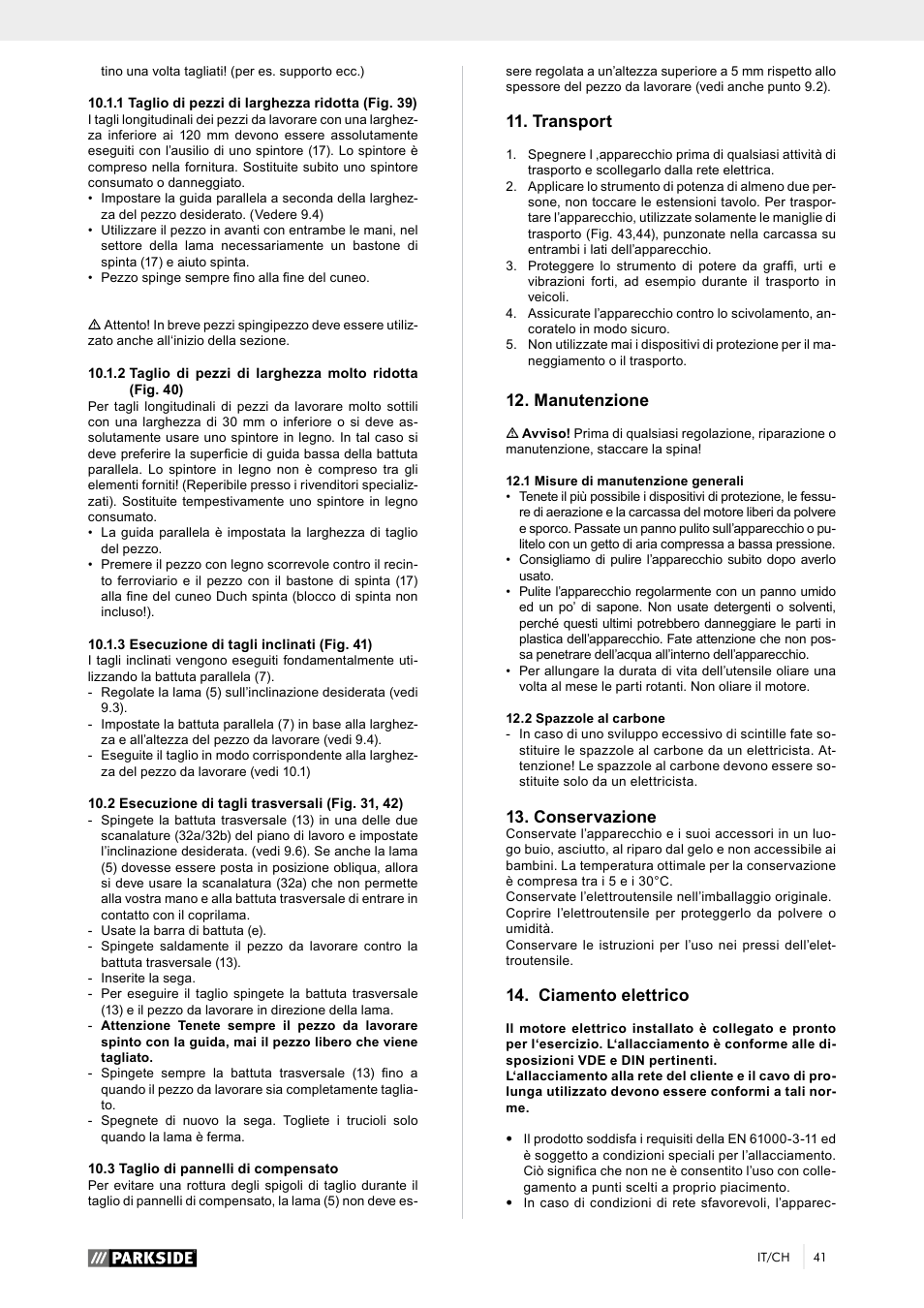 Transport, Manutenzione, Conservazione | Ciamento elettrico | Parkside PTK 2000 A1 User Manual | Page 46 / 64