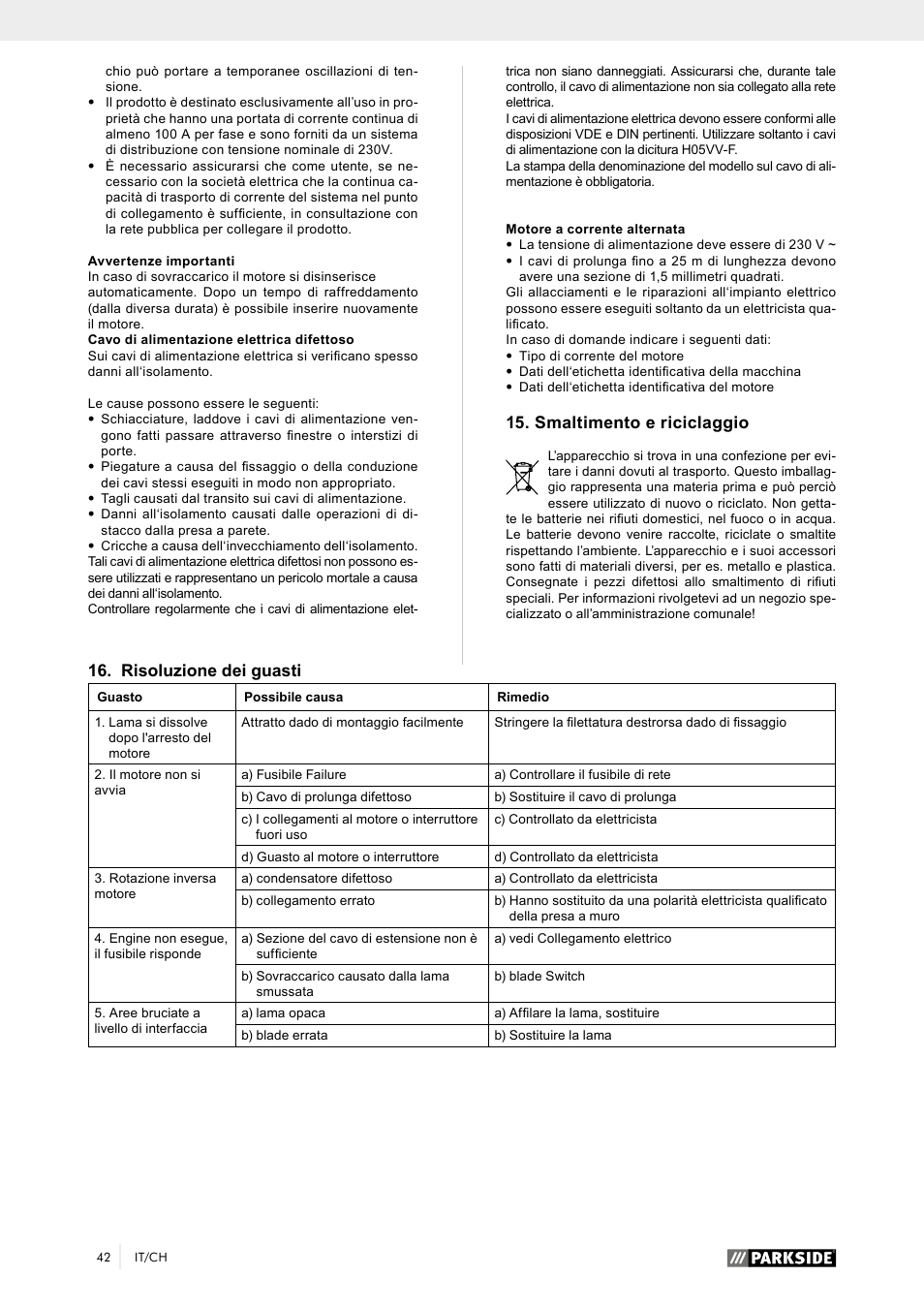 Smaltimento e riciclaggio, Risoluzione dei guasti | Parkside PTK 2000 A1 User Manual | Page 47 / 64