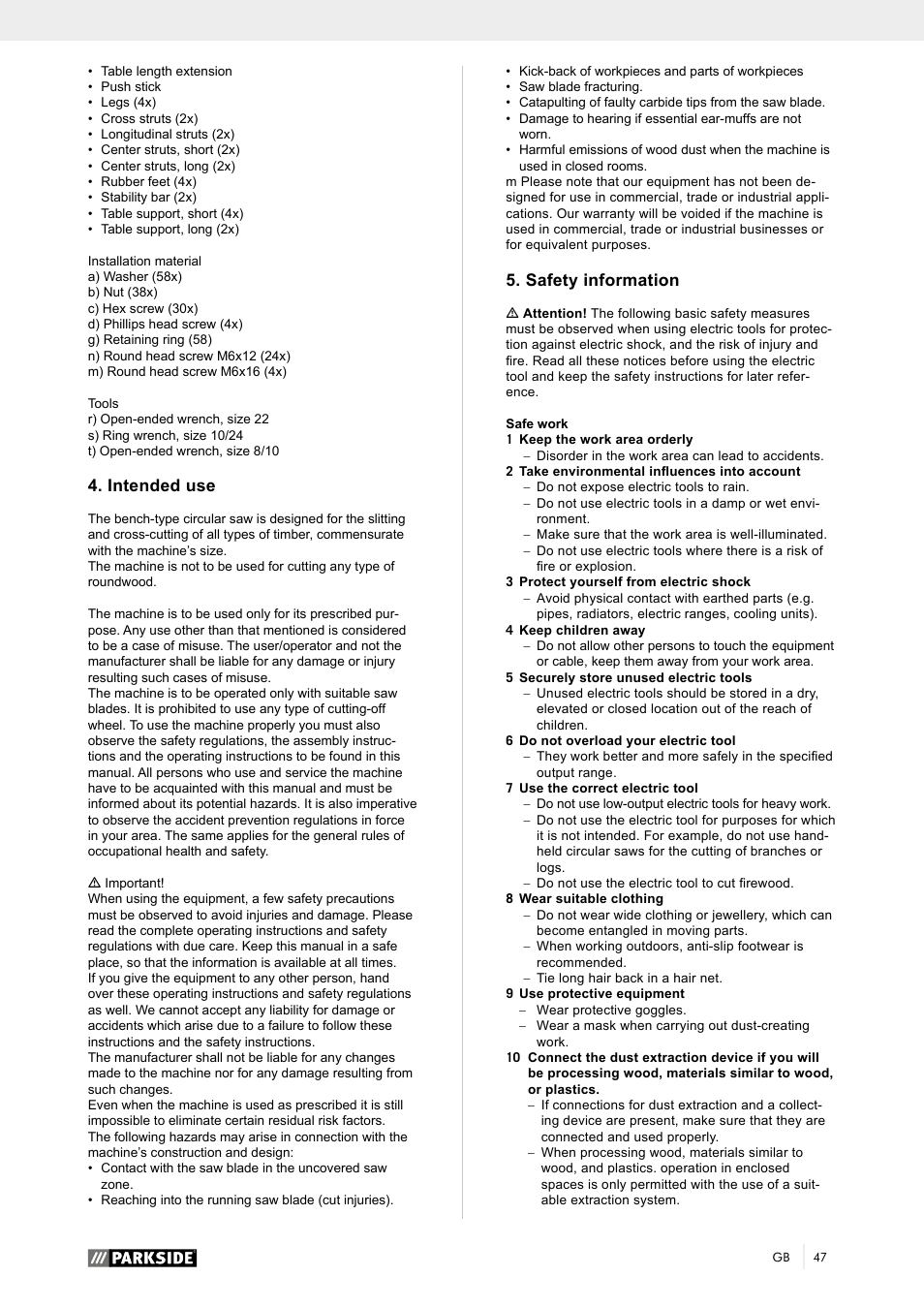 Intended use, Safety information | Parkside PTK 2000 A1 User Manual | Page 52 / 64