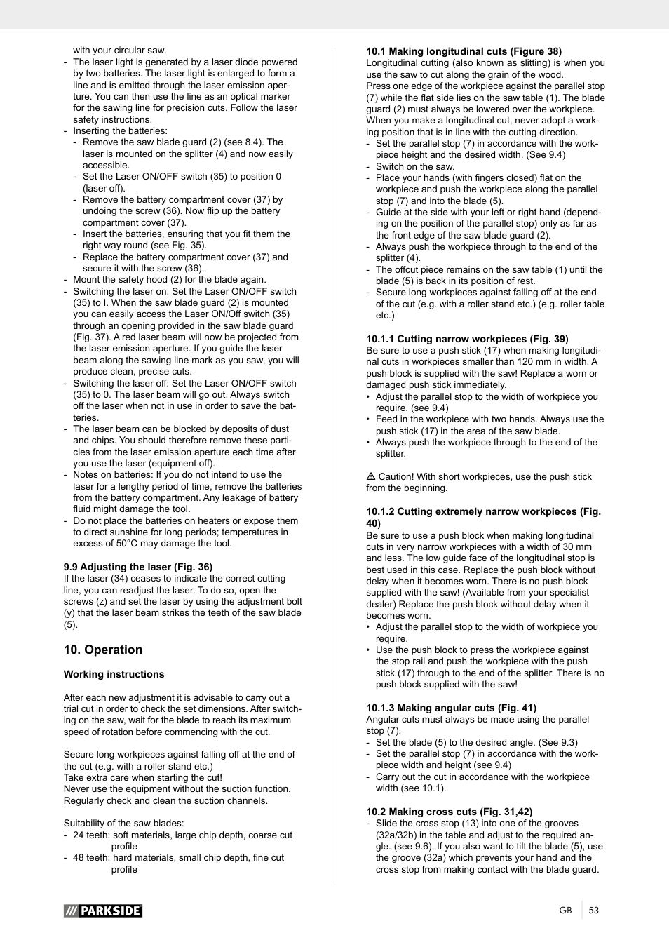 Operation | Parkside PTK 2000 A1 User Manual | Page 58 / 64