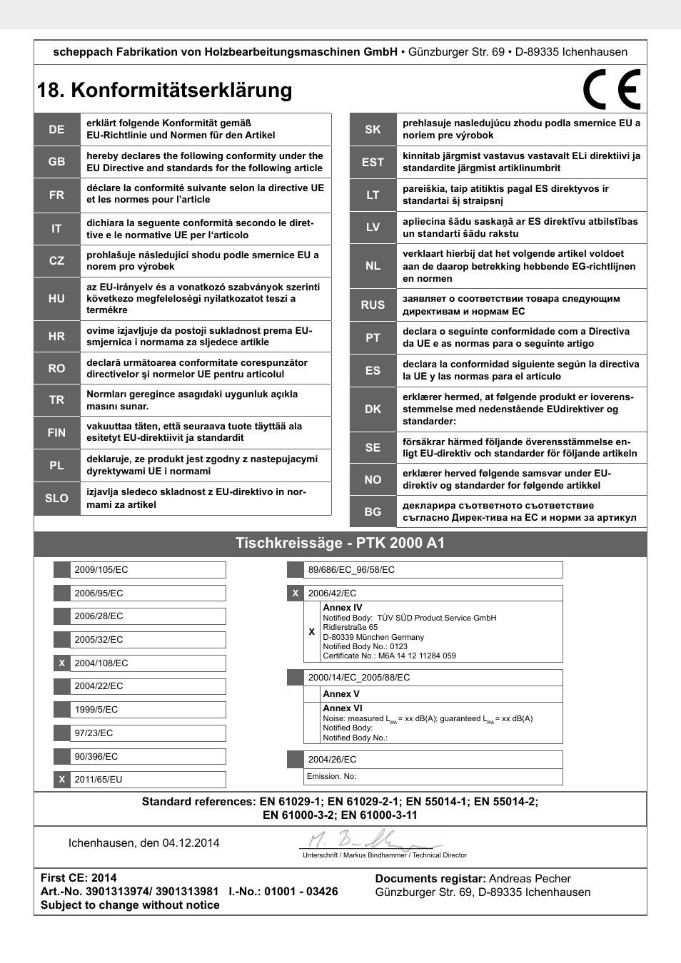 Konformitätserklärung | Parkside PTK 2000 A1 User Manual | Page 61 / 64