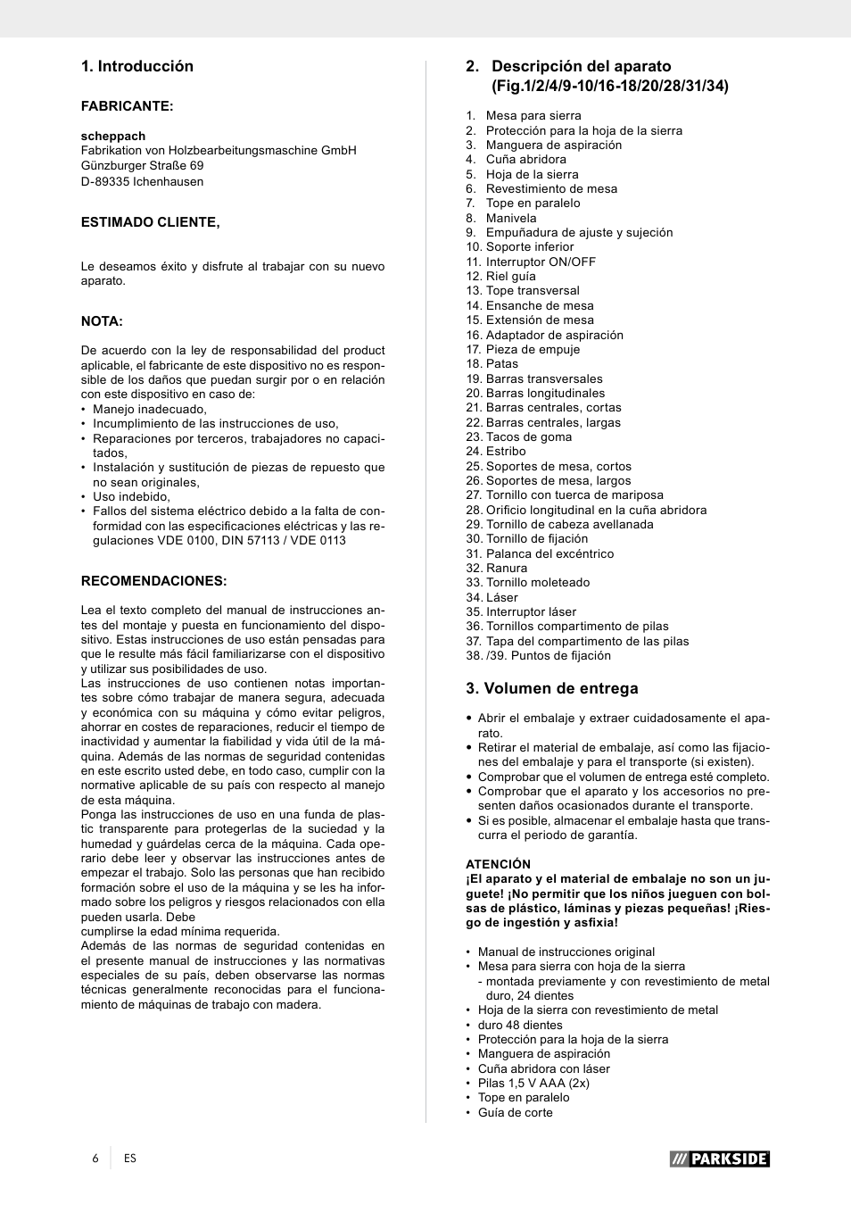 Introducción, Volumen de entrega | Parkside PTK 2000 A1 User Manual | Page 11 / 80