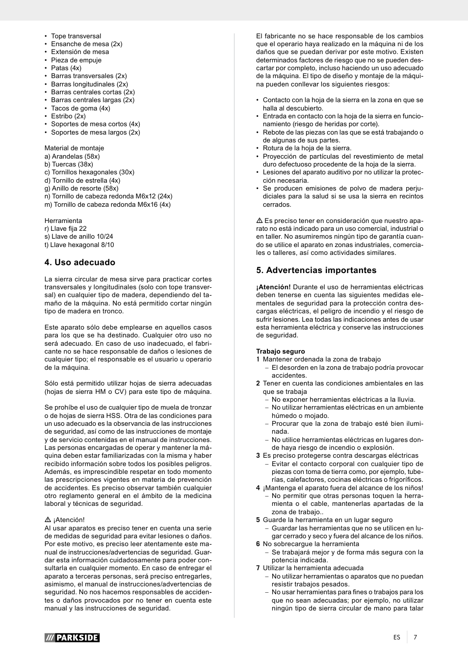 Uso adecuado, Advertencias importantes | Parkside PTK 2000 A1 User Manual | Page 12 / 80