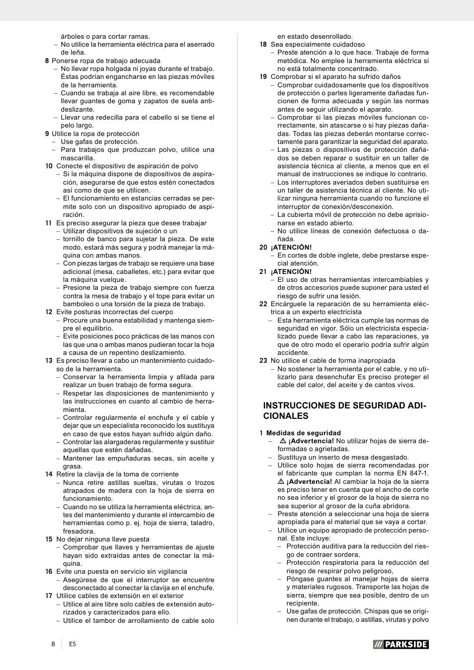 Instrucciones de seguridad adi- cionales | Parkside PTK 2000 A1 User Manual | Page 13 / 80