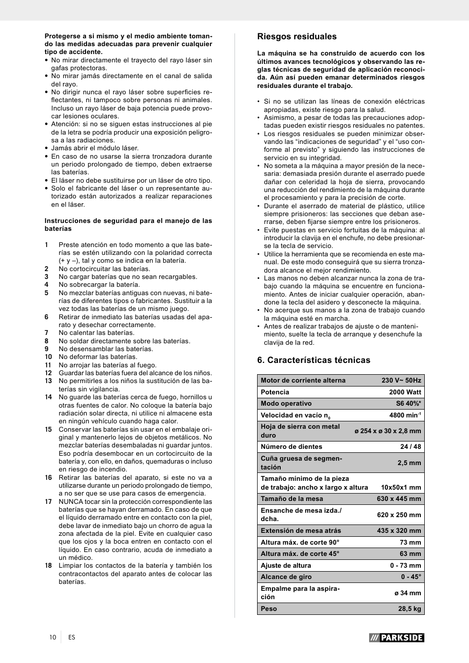 Riesgos residuales, Características técnicas | Parkside PTK 2000 A1 User Manual | Page 15 / 80