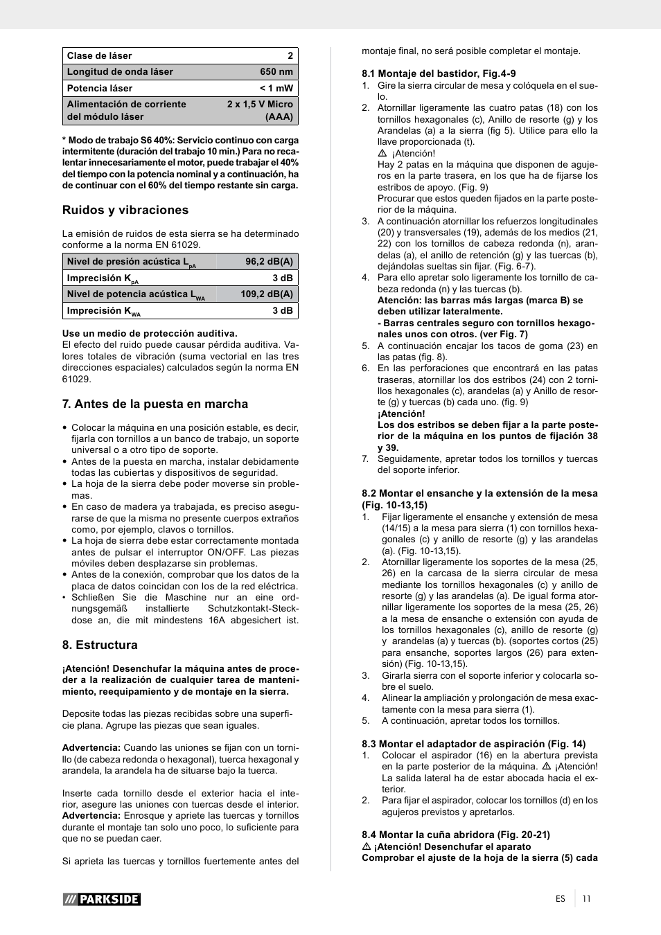 Ruidos y vibraciones, Antes de la puesta en marcha, Estructura | Parkside PTK 2000 A1 User Manual | Page 16 / 80