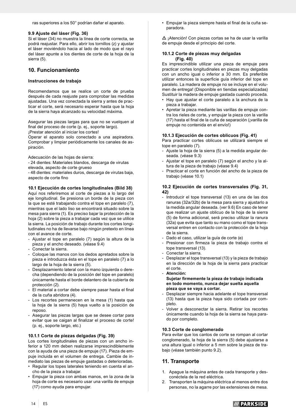 Transporte, Funcionamiento | Parkside PTK 2000 A1 User Manual | Page 19 / 80
