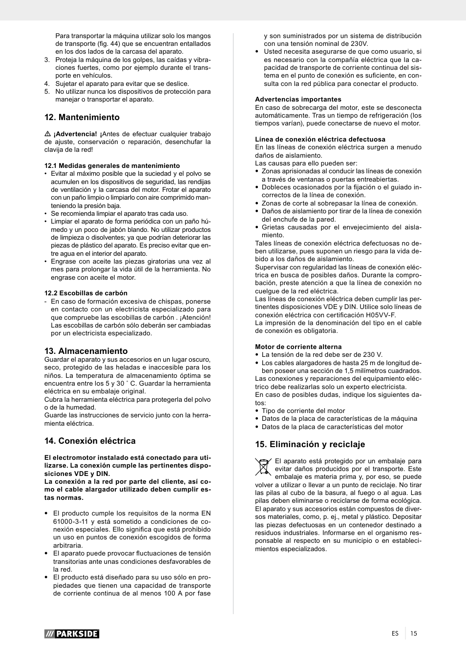 Eliminación y reciclaje, Mantenimiento, Almacenamiento | Conexión eléctrica | Parkside PTK 2000 A1 User Manual | Page 20 / 80