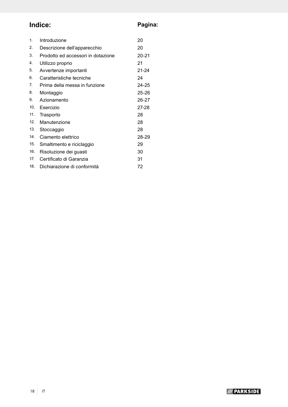 Indice, Pagina | Parkside PTK 2000 A1 User Manual | Page 23 / 80