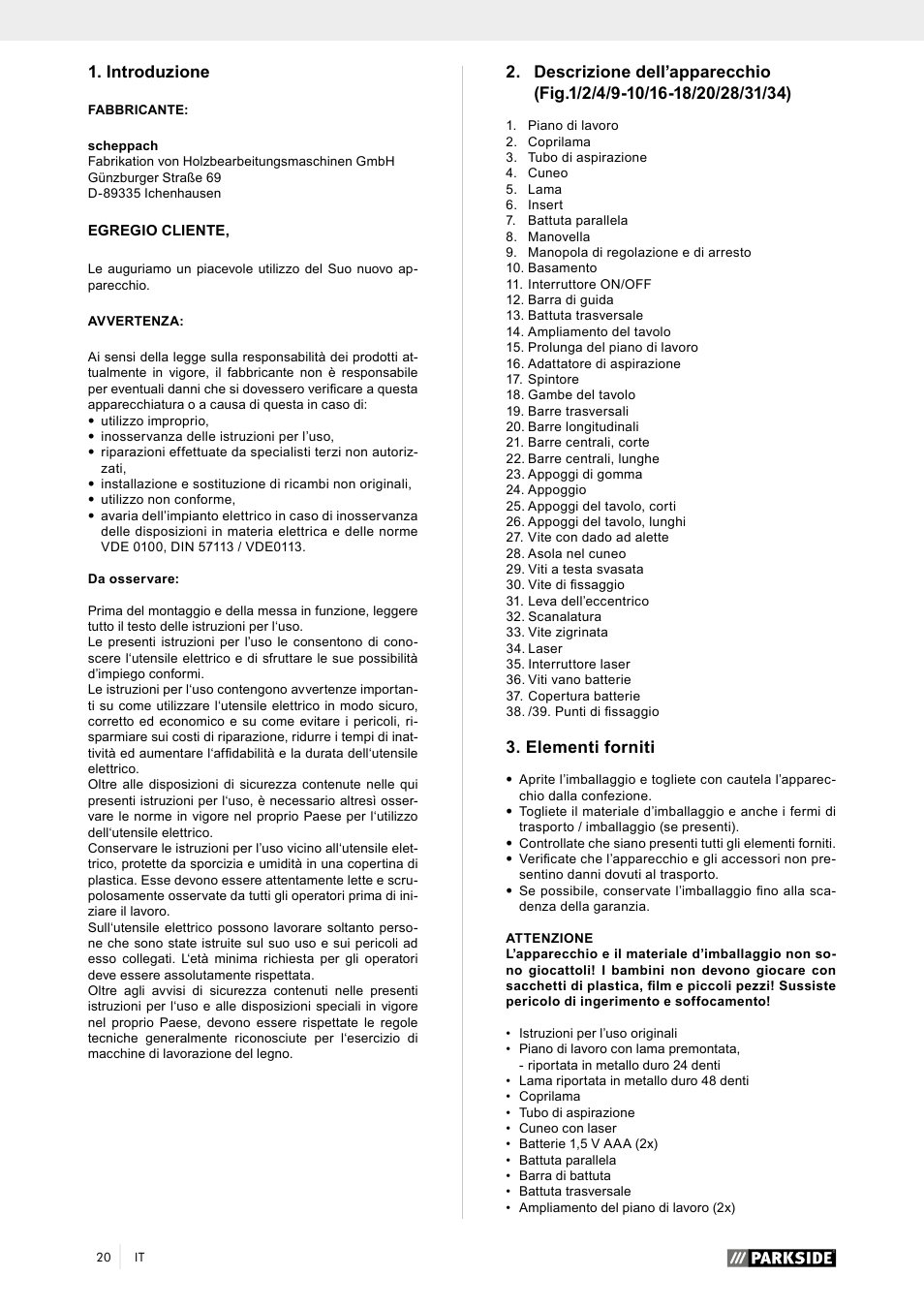 Introduzione, Elementi forniti | Parkside PTK 2000 A1 User Manual | Page 25 / 80